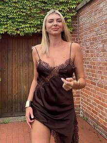 Lace Women Dresses Satin Asymmetrical Summer Party Short Dresses Female Elegant New Pajamas Sleeveless Sexy Brown Black Ladies Backless Dresses