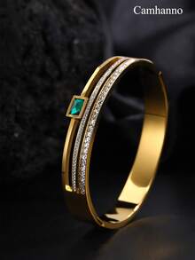 Camhanno 1 件时尚复古不锈钢双排手链套装，镶嵌大颗钻石，适合女性日常佩戴、特殊场合、休闲、聚会、婚礼、情人节、母亲节、圣诞节、生日，完美的礼物 - 金黃色 - 查看 7