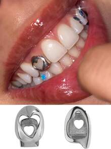 2pcs Hollowed-Out Heart Grillz Set, Golden And Silver Open Face Teeth Caps, Hip Hop Dental Jewelry For Women And Men