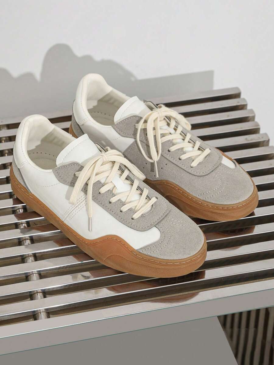 Retro Lace-Up Flat Casual Sneakers For Teens, Round Toe Color Block Low-Top Couple Sports Shoes, Versatile & Comfortable Outdoor Skateboard Shoes