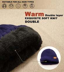 Winter Beanie Hat Men And Women, Warm Double-Layered Knit Beanie In Multiple Colors To Go With Everything - Đen/Xám - Xem 10