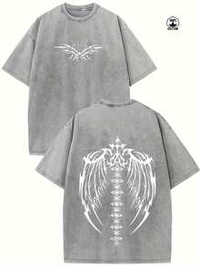 Vintage Washed And Distressed Oversized Short-Sleeved Cotton T-Shirt With Delicate Double-Sided Wing Print. - 灰色 - 查看 1