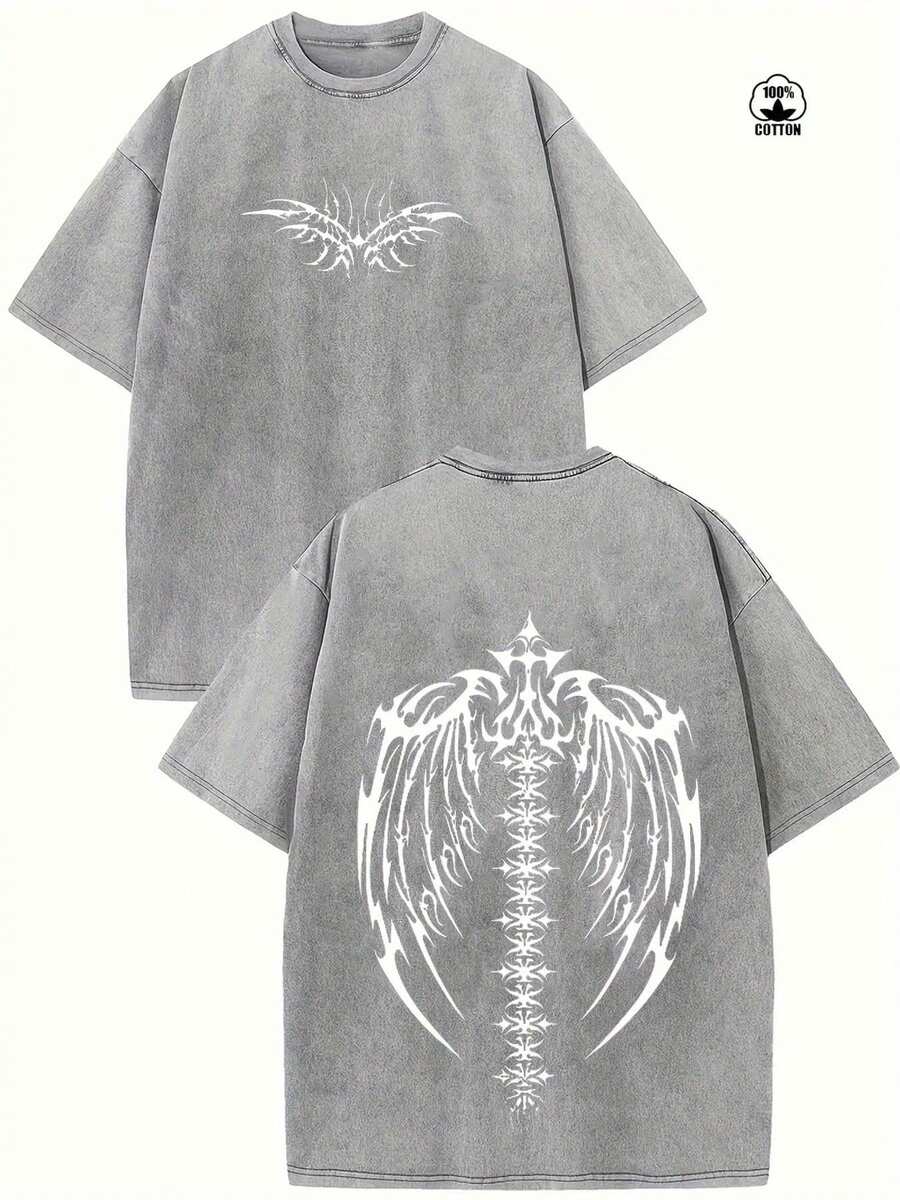 Vintage Washed And Distressed Oversized Short-Sleeved Cotton T-Shirt With Delicate Double-Sided Wing Print. - 灰色 - 查看 1