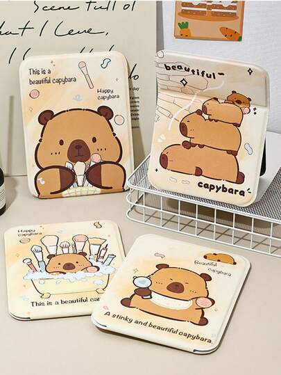 1pc Cute Portable Folding Capybara Makeup Mirror, Suitable For Student Dorm, Tabletop, Vanity