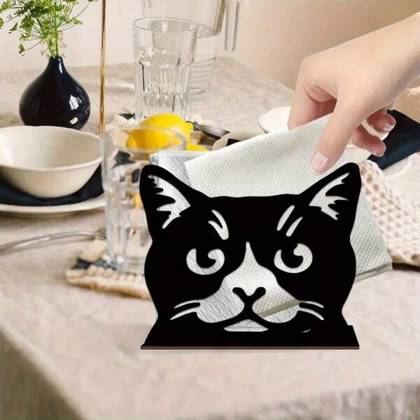 2D Plat 3 pièces Porte-serviettes en bois noir en forme de chat - Design mignon de visage de chat, style de ferme moderne pour la décoration de table, matériau en bois massif robuste convenant pour la cuisine, la salle à manger, le pique-nique - Rangement et décoration de serviettes, accessoire essentiel pour fête, produit en bois durable, décoration thématique chat, arrangement de fête, 2D plat