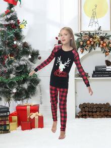 Girls 1PC Luminous Christmas & Gingham Print Raglan Sleeve Top & 1PC Trousers Snug Fit PJ Set - Multicolor - View 6