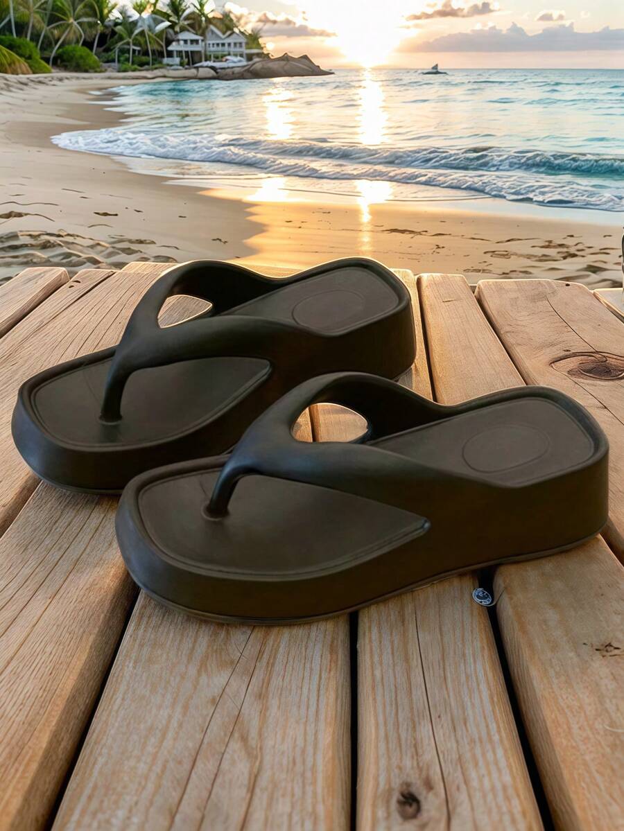 New Women's Flip-Flops - Minimalist, Versatile & Elegant Neutral Square-Toe (Solid Color) - Black - View 1