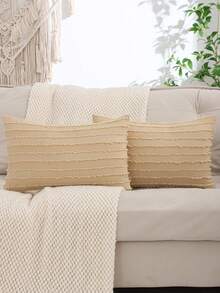 条纹提花枕套，亚麻布，适用于客厅和卧室装饰 - 卡其色 - 查看 11