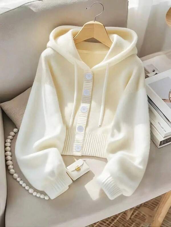 Women's Loose Hooded Cardigan - Comfortable Button Front Design, Casual Knit Sweater For Autumn/Winter