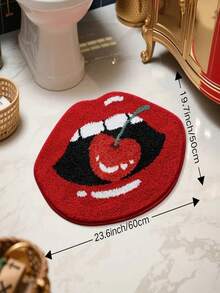 1 pieza Nuevo cojín decorativo de lana sintética con forma asimétrica de labios rojos grandes comiendo una cereza, 1200g/m², diseño creativo de labios de cereza, alfombra de piso adecuada para sala de estar, dormitorio, interior, lavable a máquina - Material de lana sintética suave, amigable con la piel, anti-pelusas, resistente al agua, inodoro, ideal para decoración del hogar, decoración de habitaciones, alfombra de sala de estar