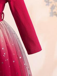 coviviky Vestido de tul con degradado de colores y decoración de estrellas para niña, diseño único con lazo en la cintura, puños acampanados de manga larga, uso casual y para fiestas