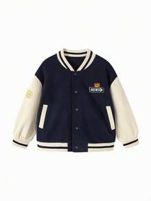 mini bala Kids Teddy Bear Baseball Jacket Fall Winter College Style Soft Comfortable Top - Dark Blue - View 4
