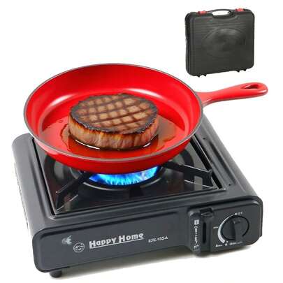 Estufa Camping, Estufa Portátil de Gas, Parrilla de gas portatil con estuche de transporte, con Encendido automático, para Acampar, Picnic, Fiesta al aire libre, Barbacoa(Negro)