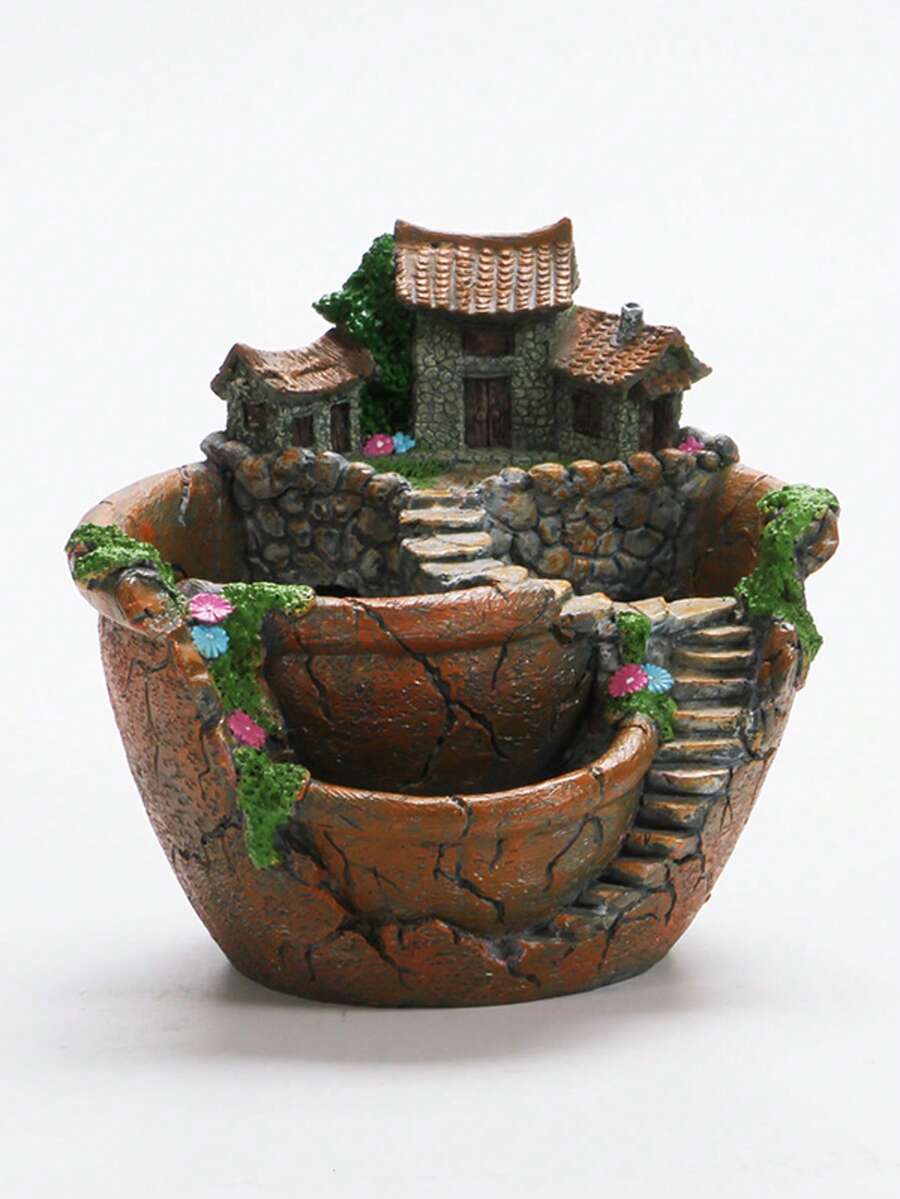 Creative Succulent Flower Pot Simulation House Small Sky Garden Succulent Garden Flower Pot Decoration Plants Pot Sweet House Flower Basket Garden Decoration - 橘色 - 查看 1