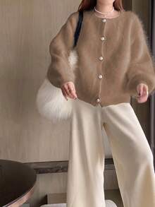 全新秋冬宽松优雅纽扣开衫