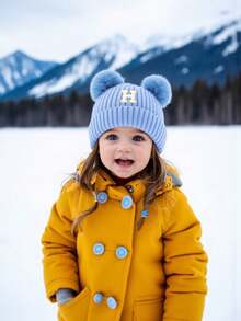 1 chiếc mũ len dệt kim dày hai lớp ấm áp mùa đông cho bé từ 0-3 tuổi, mũ sơ sinh có hai quả bông, mũ len dễ thương cho bé trai và bé gái. - Màu xanh lam - Xem 2