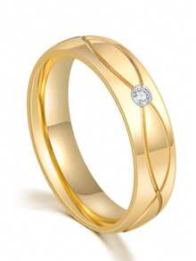 1 pieza Anillo de pareja minimalista con circonita cúbica redonda y rayas, joyería de acero inoxidable, regalo romántico de boda, compromiso, San Valentín o cita, accesorio diario