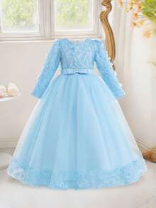 优雅花卉蕾丝网纱长袖女童连衣裙，不含头饰