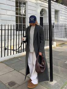 女士长款粗花呢羊毛混纺大衣，翻领带口袋，独特纽扣细节，无弹力常规版型，秋冬外套，适合办公室、圣诞节、新年派对及其他场合。 - 深灰色 - 查看 3