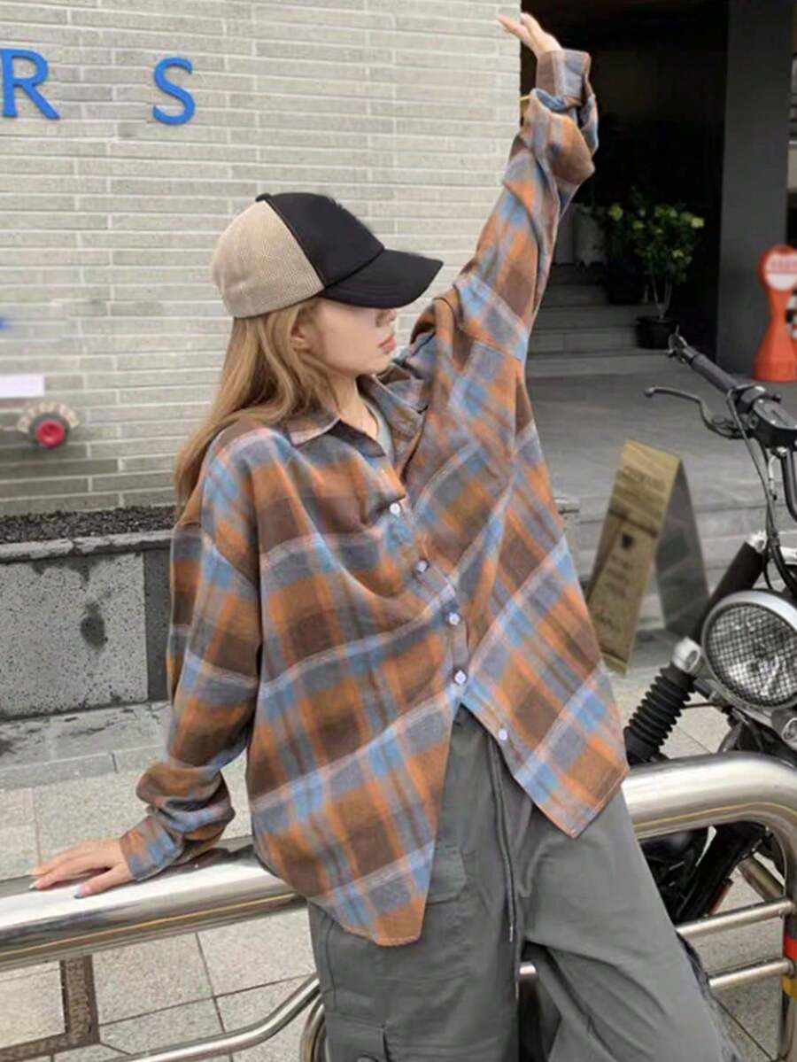 女士格子落肩长袖衬衫，随机拼接设计，春季款 - 桔色 - 查看 1