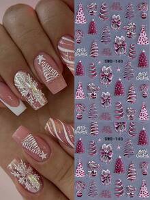 2PCS Pink Christmas Tree 5D Embossed Nail Stickers Bow Lights Crystal Ball Festival Bright Pattern Nail Art Decals Self-Adhesive Manicure Sliders Nail Accessories For Christmas New Year Holiday Gift
