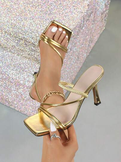 Women's Summer High Heel Mule Sandals, Gold Color Elegant Ladies Summer Shoes, Sexy Fashion Pure Gold High Heel Square Toe Sandals, Thin High Heel Wedding Bride Kitten Heel Sandals, 2 Ways To Wear, Slim Strap Flattering Foot Shape, Toe Post Slippers For Date Party Evening Outdoor Wear, Solid Color Holiday Wineglass Heel, Minimalist Fashion New Summer High Heel Slide Sandals, Versatile Black Formal Sandals, High-End Women's High Heel Sandals