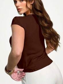 Women's Short Sleeve Shirt Blouse Duna Fabric With Button New 2025 European And American Style - Brown - View 2