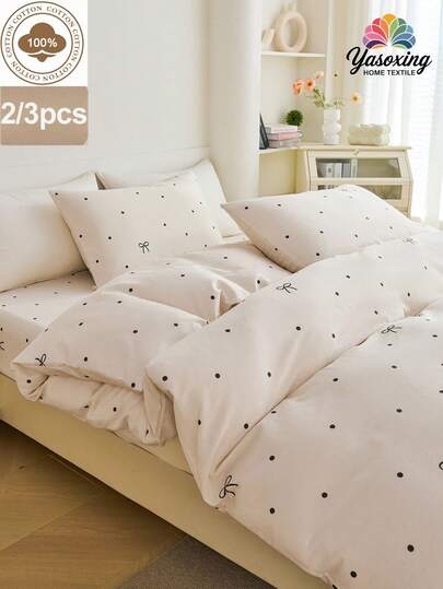 2/3pcs 100% Cotton Beige Bow Polka Dot Print Duvet Cover Set (Without Comforter), Breathable & Super Soft, Suitable For All Seasons (1pc Duvet Cover + 1/2pcs Pillowcase, Without Pillow Insert), Soft Dual-Color Design, Suitable For Master Bedroom And Guest Room, Lightweight Valentine's Day Style, Fits Super King, King, Queen, Twin Beds, Luxury Hotel Style