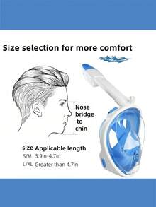 一套全脸浮潜面罩，含一副耳塞，可折叠180°全景浮潜面罩，采用最新干式顶部系统，硅胶防雾防漏，带相机支架，呼吸顺畅，适用于浮潜、自由潜水、游泳，成人浮潜装备（新旧款随机发货）