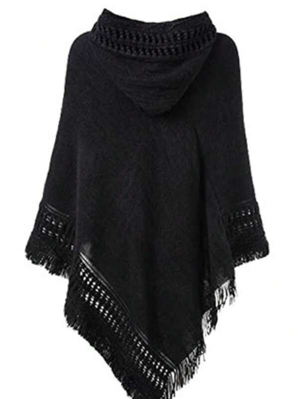 1pc Women Knitted Hooded Poncho Tassel Shawl Scarf, Loose Fit Sweater For Office & Home