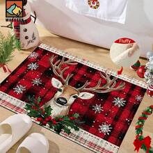 1 pieza Alfombra antideslizante para baño con estampado de renos navideños, hecha de cachemir artificial con decoración esponjosa, adecuada para baños, entradas, cocinas y otras ocasiones. Se puede lavar a máquina, es una decoración festiva y se puede regalar. - Multicolor - Ver 2