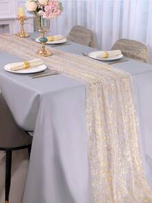 1 Pieza Camino de mesa dorado con brillo, Cubierta de mesa plisada, Mantel de tela de gasa de poliéster elegante, Decoraciones de mesa de fiesta doradas, Estilo bohemio brillante y romántico, Accesorios de boda, Regalos de ducha nupcial, Decoraciones de cumpleaños, Decoraciones de fiesta, Decoración de aniversario, Decoración de banquete de compromiso, Decoración del hogar, Decoración de mesa, Decoración de superficie de mesa