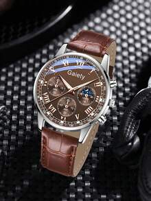 GAIETY 1 Đồng hồ nam số La Mã cổ điển - Đồng hồ thạch anh màu trơn thời trang với dây đeo bằng da PU bền bỉ - Đồng hồ thường ngày thanh lịch và thoải mái - màu nâu - Xem 3