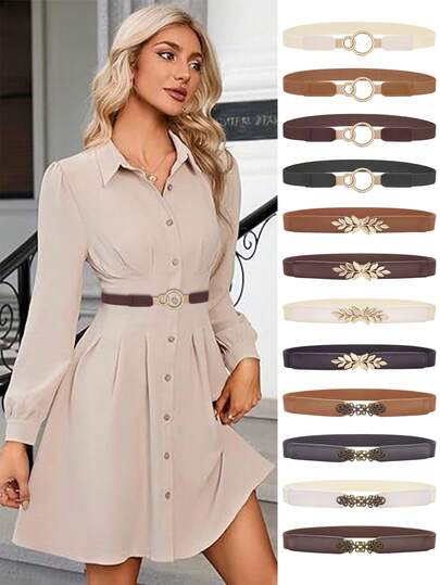 Cinture eleganti e semplici per donna, cinture di moda per abiti da donna, cintura vita nera da 1 pollice regolabile e antiscivolo, fibbia a forma di foglia, dimensione circolare, colori nero, beige, curry, cammello, adatte per jeans e come regalo per feste e vacanze