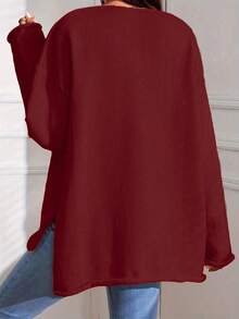 1 件 V 领针织上衣，前短后长下摆带开衩，适合春、秋、冬 - 酒紅色 - 查看 4