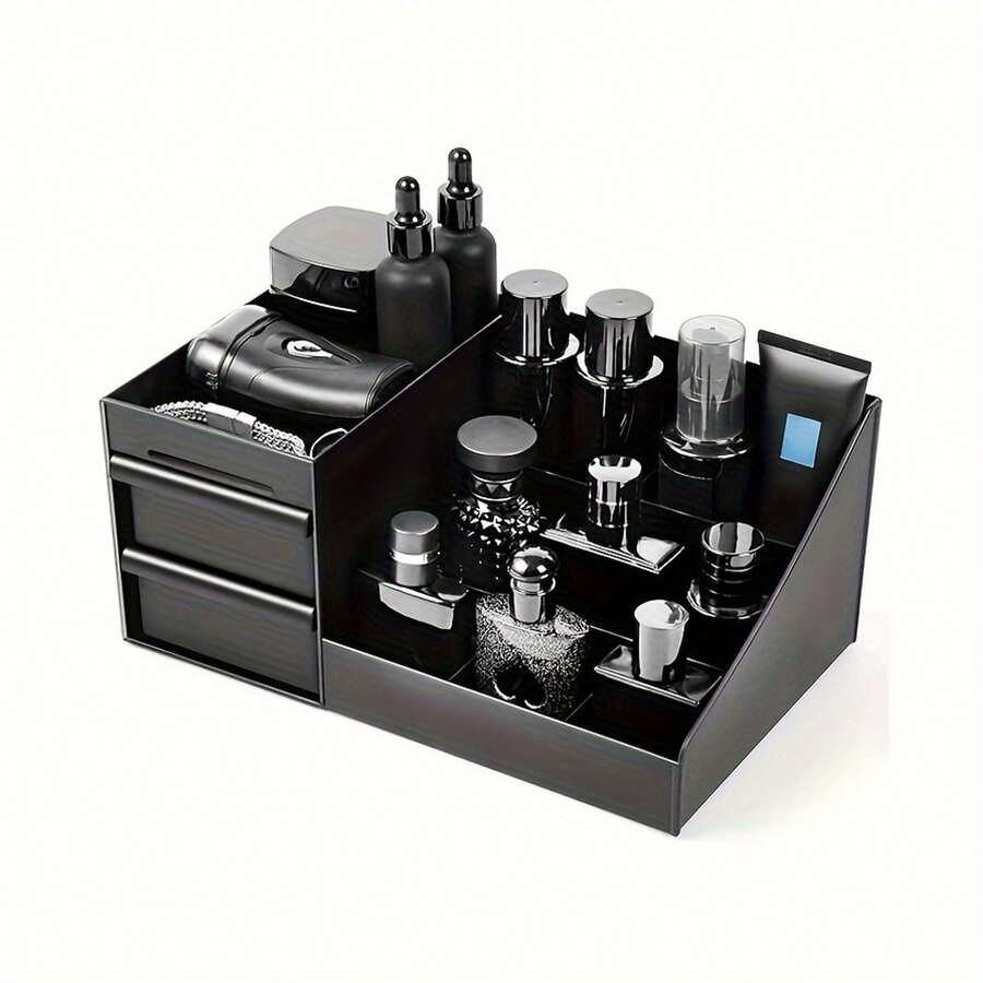 1 pieza Organizador de maquillaje, Caja de almacenamiento de perfumes y cuidado de la piel para el tocador, Soporte de lápiz labial de doble capa, Caja de almacenamiento para dormitorio, Estantería de exhibición, Bolsa de maquillaje, Esencial de viaje - Negro - Ver 1