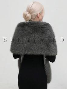 1件装女士纯色时尚蓬松披肩，适合用作新娘斗篷、晚宴围巾以及秋冬季日常穿着的女士连衣裙披肩。 - 深灰色 - 查看 2