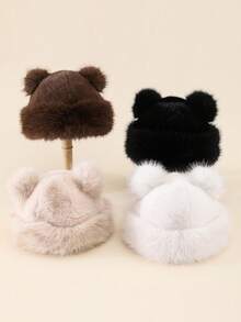 1pc Women's Fluffy Double Ball Bear Ear Shaped Beanie Hat, Warm And Suitable For Autumn/Winter Everyday Wear And Outings