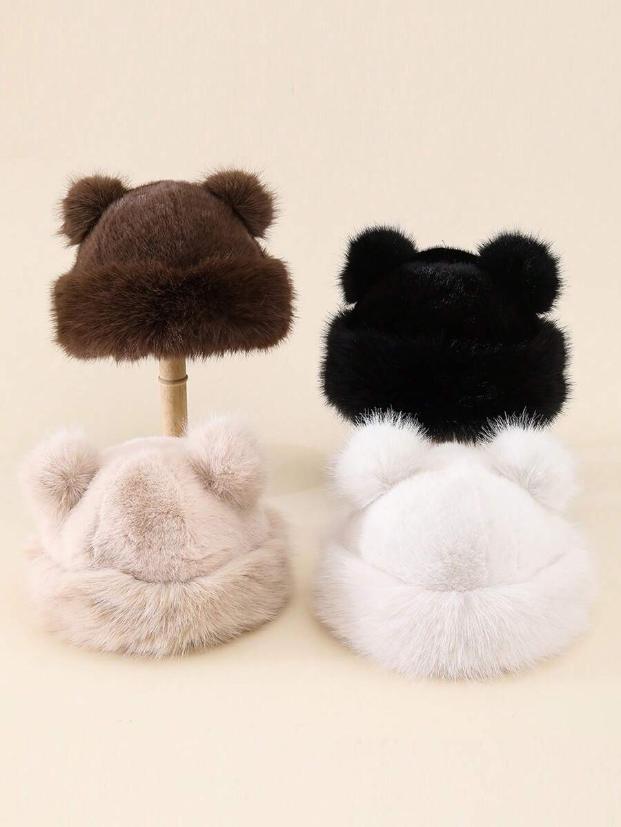 1pc Women's Fluffy Double Ball Bear Ear Shaped Beanie Hat, Warm And Suitable For Autumn/Winter Everyday Wear And Outings