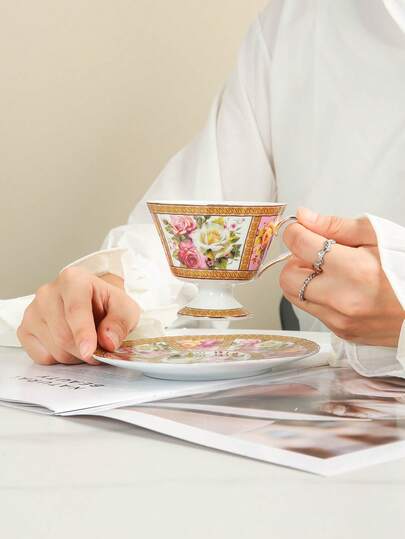 1 Set Premium Ceramic Coffee Cup & Saucer, Pink Cup & Saucer, Coffee Accessories Suitable For Home, Office, Cafe