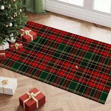 1pc Long/Short Christmas Theme Vintage Red And Green Plaid Pattern Printed Soft Imitation Cashmere Material TPR Backing Kitchen Mat,Door Mat,Bath Mat,Bedroom Mat,Dinging Room Mat,Home Decoration,Holiday Decoration,Christmas Decoration,Kitchen Decoration - Multicolor - View 2