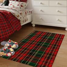 1pc Long/Short Christmas Theme Vintage Red And Green Plaid Pattern Printed Soft Imitation Cashmere Material TPR Backing Kitchen Mat,Door Mat,Bath Mat,Bedroom Mat,Dinging Room Mat,Home Decoration,Holiday Decoration,Christmas Decoration,Kitchen Decoration - Multicolor - View 14