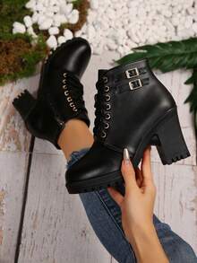 [Runs Small] Women's Ankle Boots And Ankle Boots Autumn/Winter New Double Buckle High Heel Chunky Heel Lace-Up Boots Comfortable Boots Work Boots Thick Sole Boots - Black - View 5