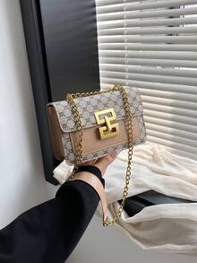 复古花卉图案女士单肩包，配有链条肩带，时尚女士方形翻盖包，经典设计（金色调锁，百搭花卉面料，适合优雅女士） - 卡其色 - 查看 11