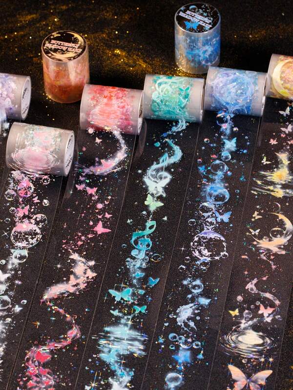 1 rolo de fita decorativa PET com textura de concha, tema de cor escura e nebulosa com sombra de borboleta, adequada para presentes, escritório, casa, marcação, etiquetas, salas de aula, brinquedos, diários de alunos, adesivos decorativos criativos vintage para scrapbooking faça você mesmo