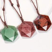 1 Piece Natural Stone Hexagonal Star Pendant Necklace - Handwoven Adjustable Bohemian Style Jewelry, Includes December Birthstone, Multiple Color Options, Suitable For Women's Holiday Party Gifts And Casual Outfits, Unique Texture Treatment - 東陵石 - 查看 2
