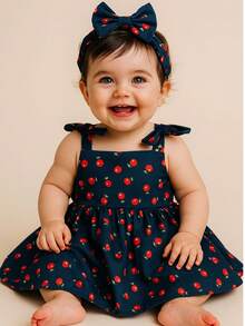 Cherry Children's Dress With Tiara/Turban/Headband/Girl/Cherry/Summer/Christmas - 藏蓝色 - 查看 1