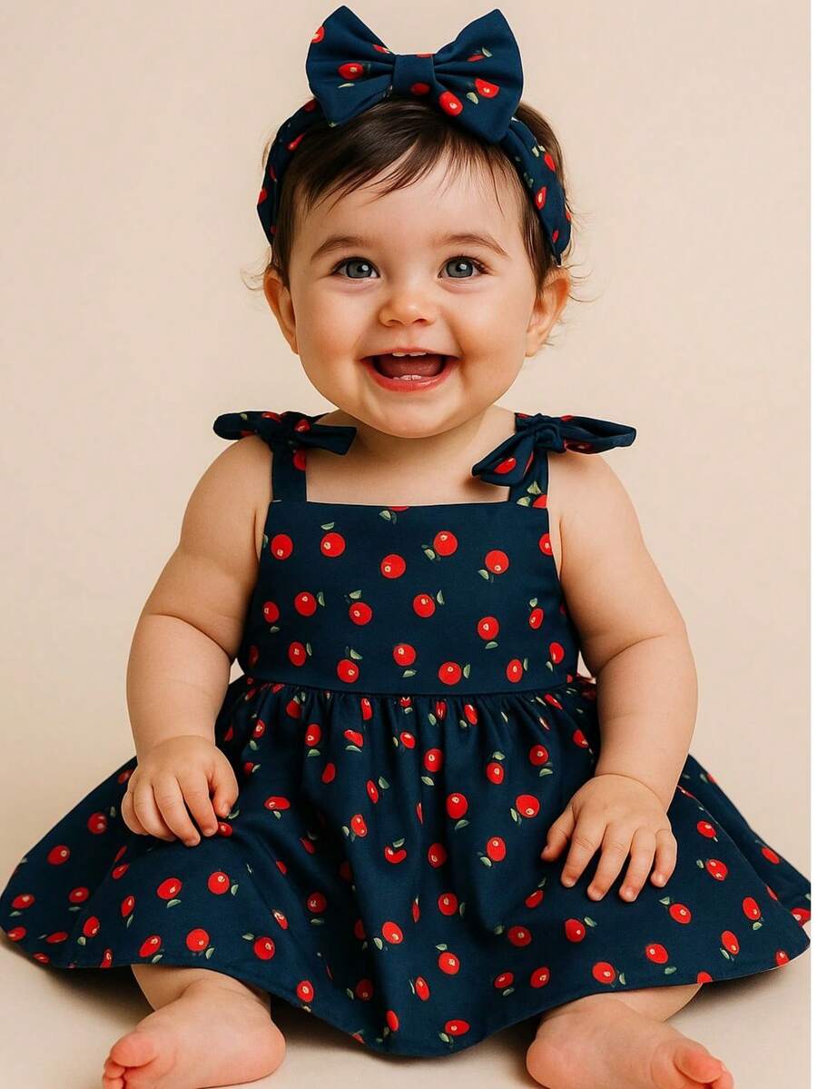 Cherry Children's Dress With Tiara/Turban/Headband/Girl/Cherry/Summer/Christmas - 藏蓝色 - 查看 1