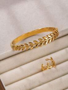 2pcs Minimalist Geometric Leaf 18K Gold Plated Stainless Steel Bracelet & Ring Jewelry Set, Suitable For Teenage Girls Daily Wear
