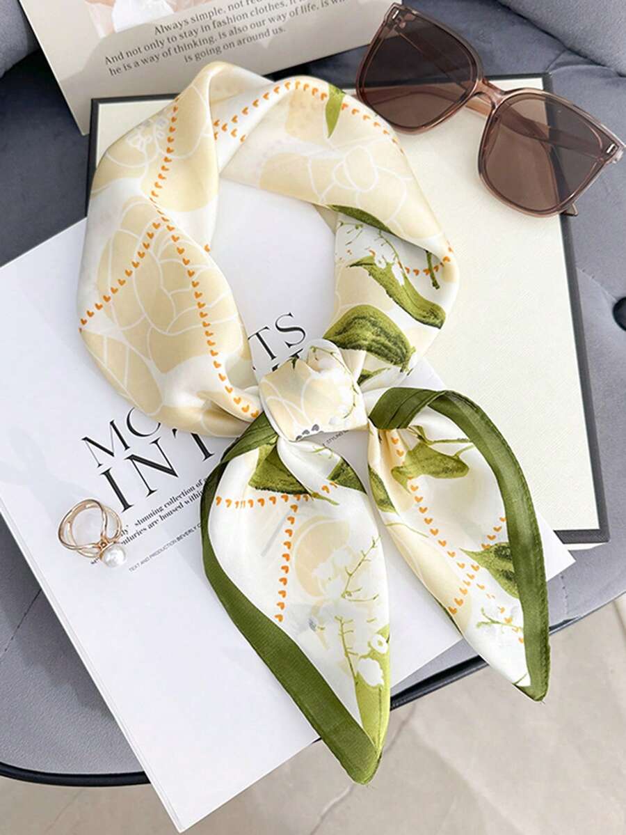 1 pieza Pañuelo cuadrado de seda con estampado floral elegante de 27.6 pulgadas, pañuelo para el cuello de mujer, accesorio versátil para el cabello, protección solar